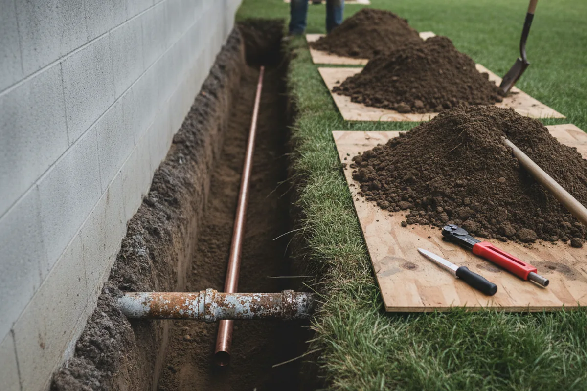 Excavated water line trench during Sewer Line Repair in Elberta